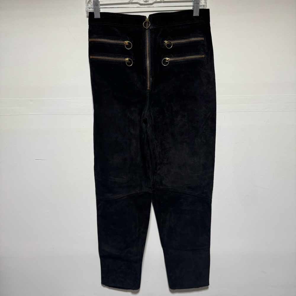 Lynn Stuart Vintage ULTRA HIGH WAISTED Black Suede Pants Multi Zipper Size 4